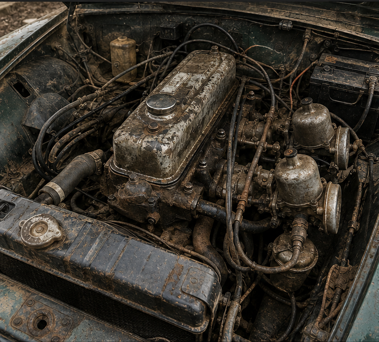 Grease-covered seized classic engine